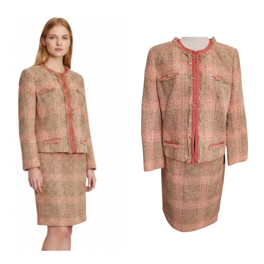 Brooks Brothers Italian Suit Preppy Pink Green Tweed Skirt Set Women's Size 12